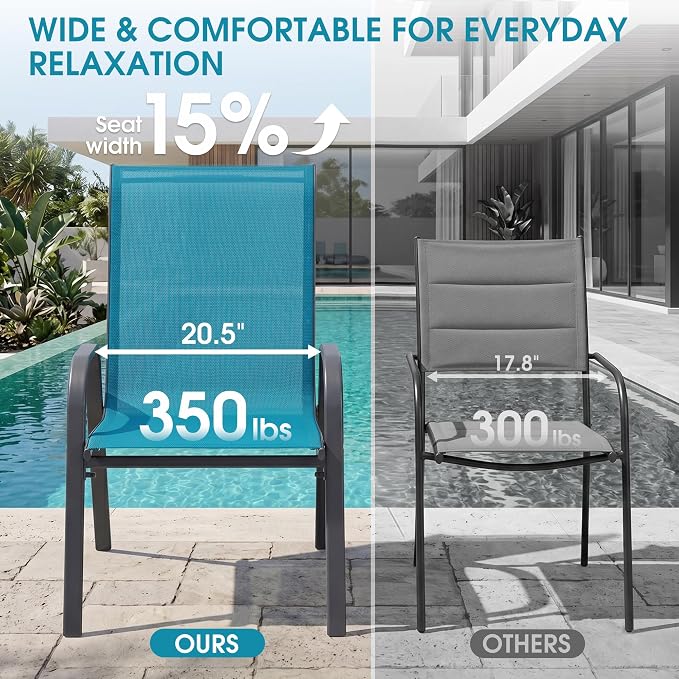 24.4" Wide Outdoor Stackable Chairs Set of 4, Stacking Patio Chairs with Textilene Fabric, Outside Furniture for Garden Backyard Balconie Poolside Deck, Blue