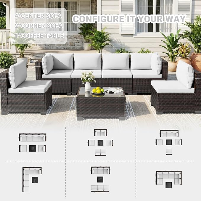 LEVELEVE 7 Pieces Outdoor Patio Furniture Sets,Rattan Conversation Sectional Set,Manual Weaving Wicker Patio Sofa with Tea Table