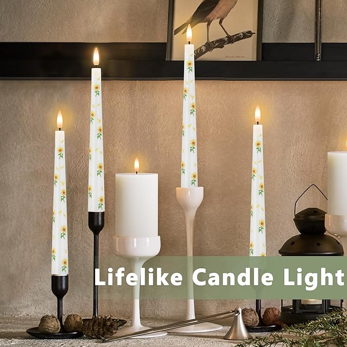Sunflower Taper Candles Battery Operated, 9.6" Real Wax Flameless Candles with Remote, Flickering LED Candlesticks for Home, Wedding, Party Decor, 3 Pack