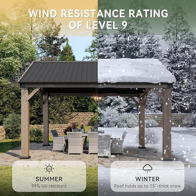 Aoxun 12' x 14' Outdoor Wood Gazebo with 20" Ceiling Fan with Light, Hardtop Gazebo Permanent Wooden Pavilion with Galvanized Steel Gable Roof, for Patio, Garden, Deck, Cedar Wood