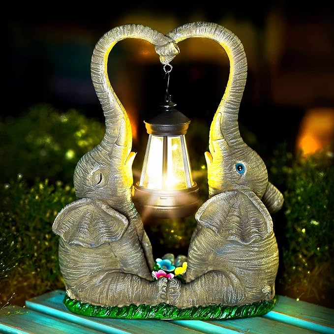 Elephant Statue Garden Decor with LED Solar Lights-Set of 2 Good Luck Elephant Outdoor Statue Elephant Gifts for Women Garden Statues for Yard Patio,Porch,Home for Women