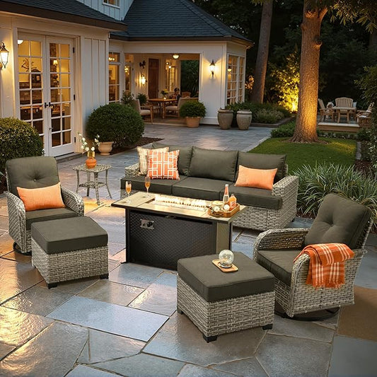 HOOOWOOO Sectional Patio Furniture Set with Fire Pit Table,9 Pieces Wicker Outdoor Furniture Couch,Outside Conversation Set Extra Deep Seat Sofa Wide Rocking Chairs Ottomans Arm Solar Table,Black