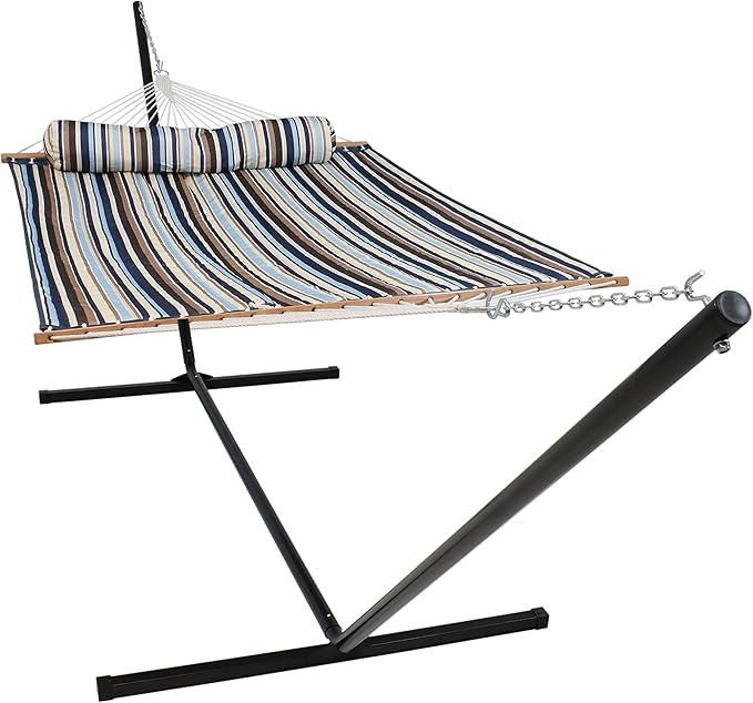 Sunnydaze Quilted Double Hammock with Stand for Outside - 400-Pound Capacity 2-Person Hammock with Stand - 15-Foot Stand - Ocean Isle