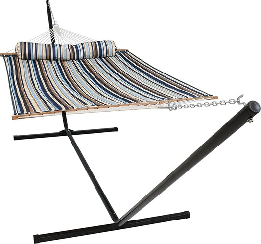 Sunnydaze Quilted Double Hammock with Stand for Outside - 400-Pound Capacity 2-Person Hammock with Stand - 15-Foot Stand - Ocean Isle