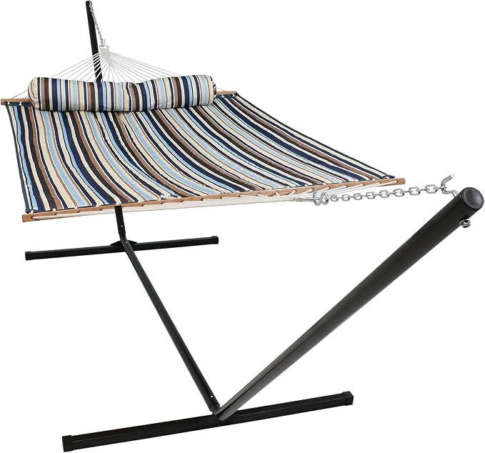 Sunnydaze Quilted Double Hammock with Stand for Outside - 400-Pound Capacity 2-Person Hammock with Stand - 15-Foot Stand - Ocean Isle