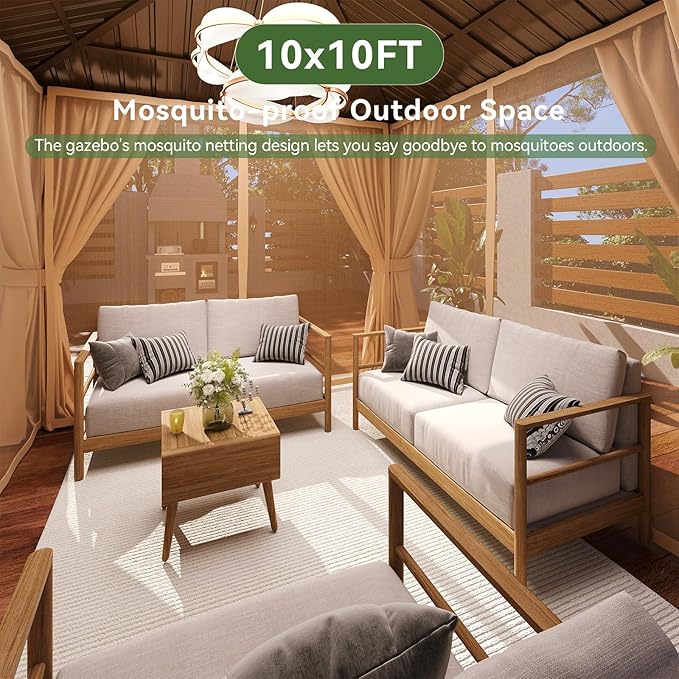 Aoxun 10’x10’ Outdoor Gazebo, Heavy Duty Canopy Pavilion with Ventilated Double Roof, Patio Pergola with Netting and Curtains for Backyard, Garden (Brown)