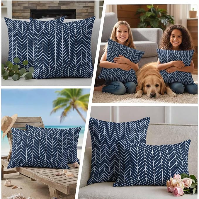 Outdoor Waterproof Throw Pillow Covers Set of 2 Navy Blue Chevron Stripes Pillowcases 20x20 Inches Modern Geometric Texture Decorative Pillows Cushion Case Patio Pillows for Couch Bed Chair Garden