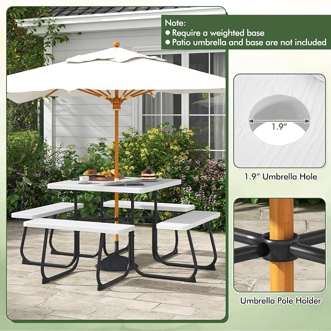 Square Picnic Table for 8 Person, Outside Table Bench Set w/ 4 Built-in Benches, Umbrella Hole, HDPE Top & Metal Frame, 2000LBS Capacity Outdoor Picnic Table for Garden, Porch, Patio (White)