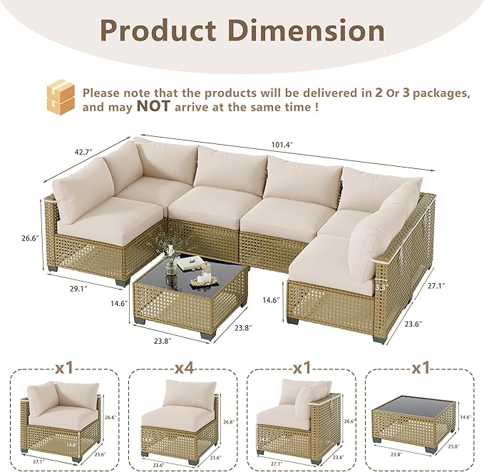 7 Piece Outdoor Patio Furniture Set, Rattan Chairs Glass Table Wicker Conversation Seating Sectional Sofa with Cushions (Yellow-Beige, 7Pcs-Straight Back)
