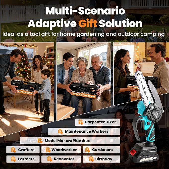 maXpeedingrods Mini Chainsaw Cordless, 6 inch Chainsaw Handheld Power Chain Saws with 2 Batteries, 3 x Durable Chains, Electric Chainsaw Lightweight Handheld Saw for Tree Trimming, Wood Cutting, Blue