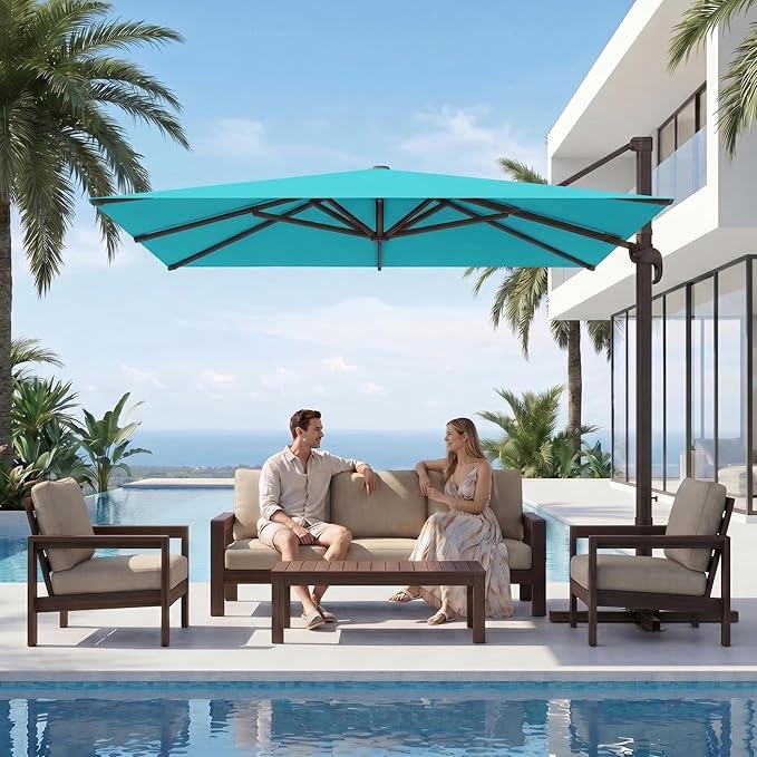 Kingdura 9' X 9' Cantilever Patio Umbrella with Base Included, Large Square Outdoor Offset Umbrella with 360-degree Rotation, 4 Position Tilt, UV Protection for Pool Deck Garden Patio (Peacock blue)