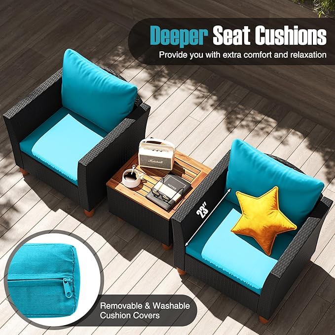 HAPPYGRILL 3 Pieces Patio Conversation Set with Storage Coffee Table, PE Rattan Wicker Patio Furniture Set with Cushions, Outdoor Acacia Wood Sofa Set for Balcony Backyard Porch Garden