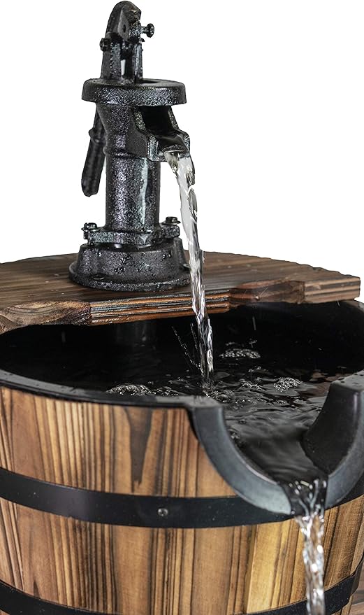 Sun-Ray 2-Tier Rustic Outdoor Fountain 18" W, Garden Decor Water Fountain with Submersible Electric Pump and Cast Iron Hand Pump Accessory for Patio, Garden, Yard
