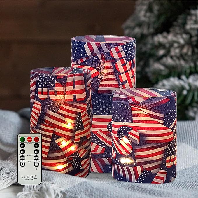 Printed Flameless Candles with String Lights - Set of 3 USA Flag Battery Operated Candle Flickering Floral LED Pillar Candles with Timer Remote for Home Decor Romantic Ambiance,Flag