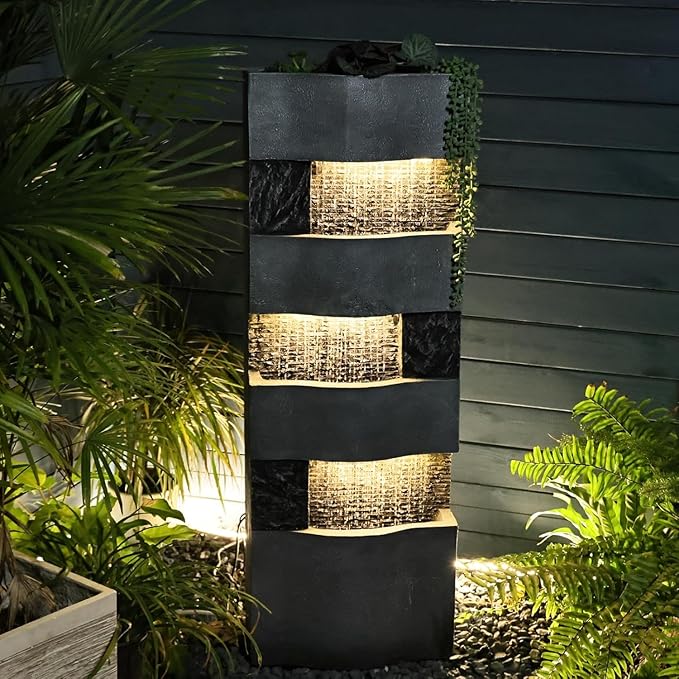 Bumilgar 40.5" H Garder Outdoor Water Fountain with Lights and Pump, Tall 4-Tier Modern Outdoor Freestanding Cascading Waterfall Fountain for Garden, Porch, Yard, Landscape, Indoor Décor, Grey