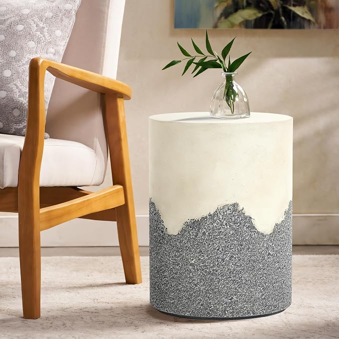 LuxenHome Gray and Cream Round Outdoor Side Table 18 Inch End Tables for Patio, Garden Small Accent Decorative Stool, Plant Stand Drum Table Indoor and Outdoor