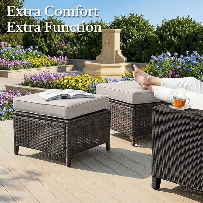 Outdoor Swivel Chairs-Patio Swivel Glider Chairs with Ottomans Outdoor Conversation Set for Deck Balcony Poolside Backyard-Brown/Beige