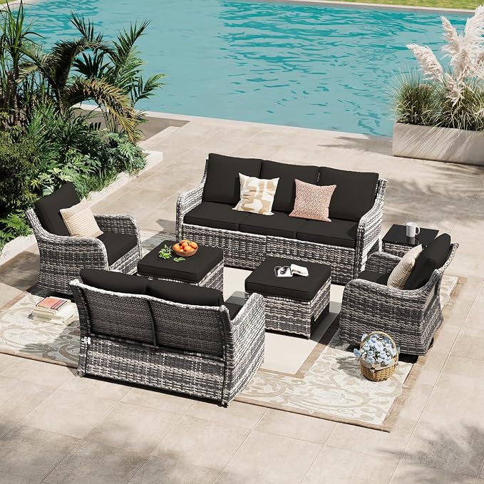 MEISSALIVVE 7 Pieces Patio Furniture Set with Swivel Chair, Wicker Patio Sofa, Rattan Conversation Set with Three-seat Sofa, 2 Ottomans and Loveseat for Lawn Backyard (Black)