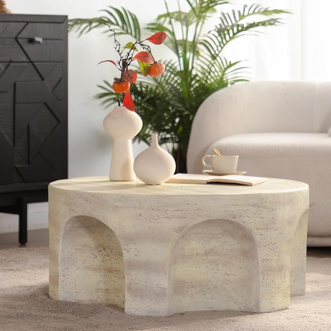 Round Marble Coffee Table 31.5" Faux Stone Coffee Table for Living Room, Modern Travertine Center Table, Magnesium Oxide, No Assembly, Beige