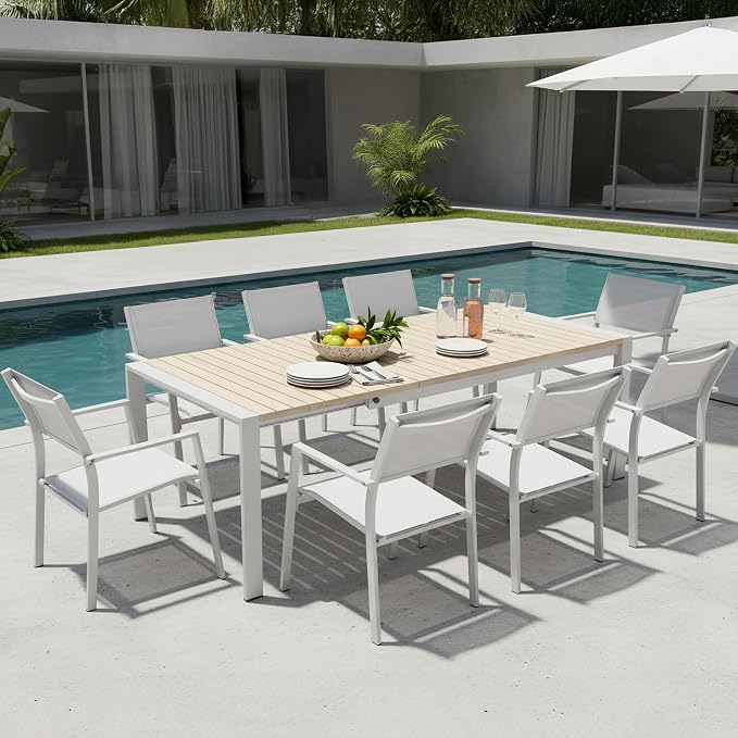 Outdoor Dining Table, Extendable Patio Dining Table for 6-10 People, Aluminum Frame with Wood-Grain Surface Drainage Design, All-Weather Expandable Dining Furniture Set for Garden Lawn Patio