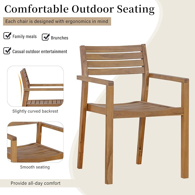 5 Pieces Outdoor Acacia Wood Dining Table Set for 4 with 59" Rectangular Table with Umbrella Hole and 4 Chairs, Modern Patio Dinner Set for Backyard, Garden, Poolside or Indoor, Natural
