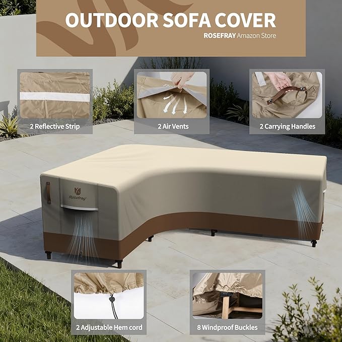 Rosefray 600D Outdoor L-Shaped Sectional Cover,Heavy Duty Anti UV Patio Sectional Sofa Cover with Air Vent, Waterproof Furniture Covers for Deck, Lawn,Backyard Left Facing 85''x105'' khaki brown