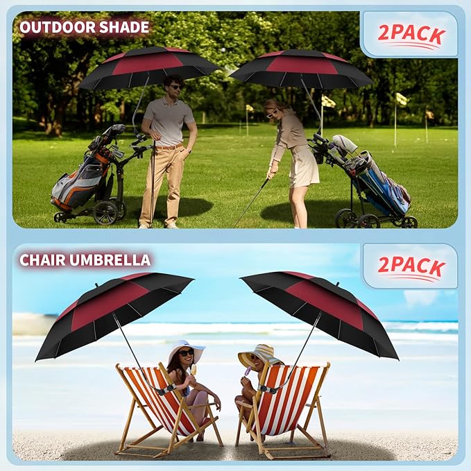 48.6" Double Canopy Beach Umbrella with Clamp, UPF50+ Beach Chair Umbrella with clip, 360°Adjustable Portable Outdoor Wheelchair, Patio, Golf Carts,Camping(Wine Red/Black)