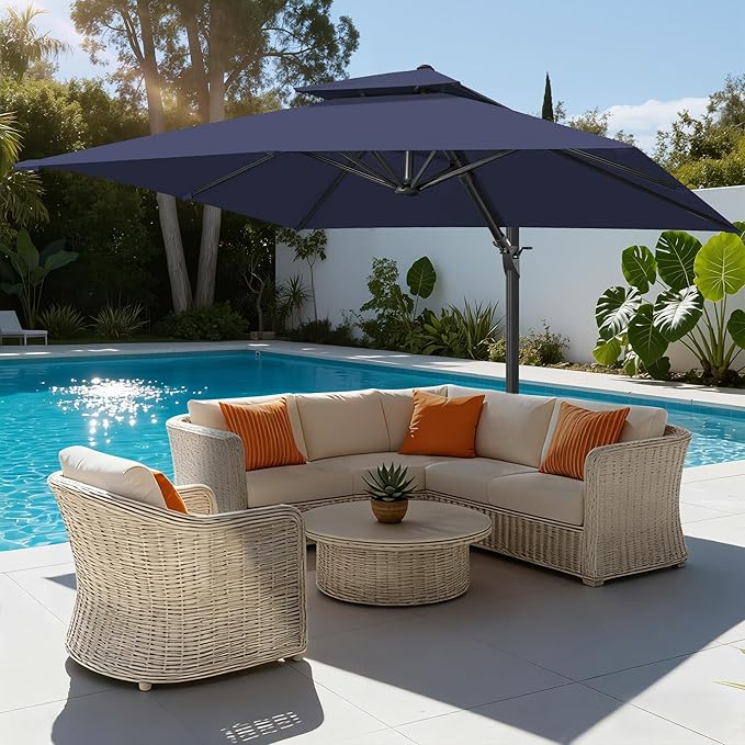 FLAME&SHADE 10x10 FT Square Cantilever Patio Umbrella - Aluminum Offset Umbrella with Tilt 360-Degree Rotation, Fade Resistance Fabric Large Patio Umbrella Outdoor for Deck Pool Garden - Navy Blue