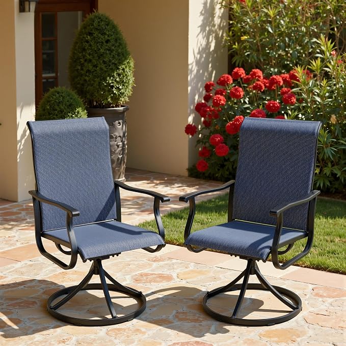 SUNCROWN Patio Swivel Rocker Dining Chairs Set of 2, All Weather High Back Textilene Outdoor Chairs with Sturdy Metal Frame, Swivel Rocking Patio Chairs for Backyard Lawn Garden Porch Deck, Blue