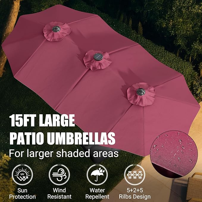 CHABATREE 14FT Large Patio Umbrella with Base & Solar LED Lights - Double-Sided,Red