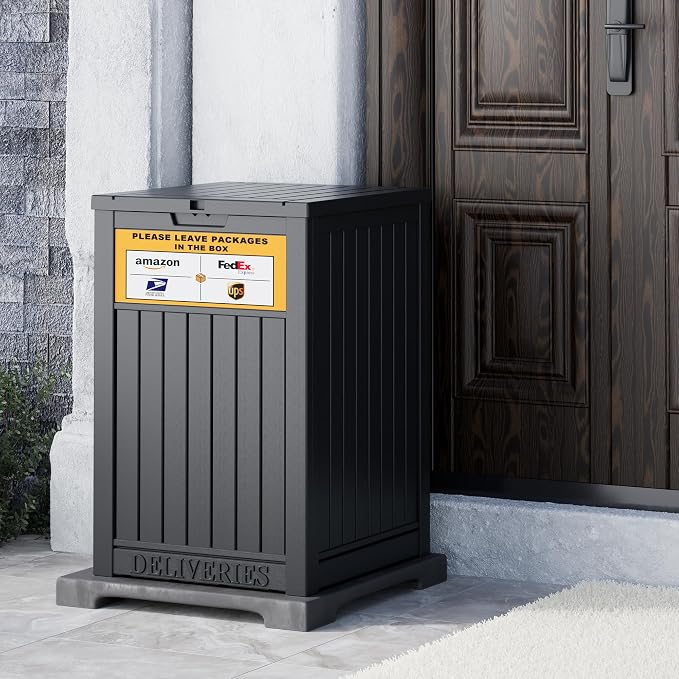 NUNU LAB Package Delivery Box for Outside, 48 Gallon Storage Deck Box with Lockable Secure, Waterproof Large Resin Drop Boxes for Porch
