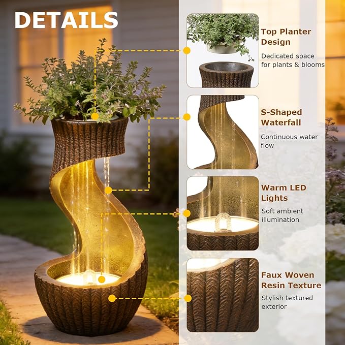 26.77" Tall S-Curved Water Fountain Outdoor, Garden Cascading Waterfall Feature with Textured Rustic Finish, LED Lights & Planter Bowl for Patio, Backyard or Porch and Indoor/Outdoor Home Decor