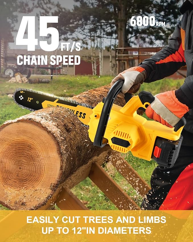 Brushless Cordless Chainsaw Electric 12 Inch Compatible with Dewalt 20V Max Battery Power, No Battery Included 45Ft/s High-Efficiency Chainsaw for Garden, No Installation Required, Yellow