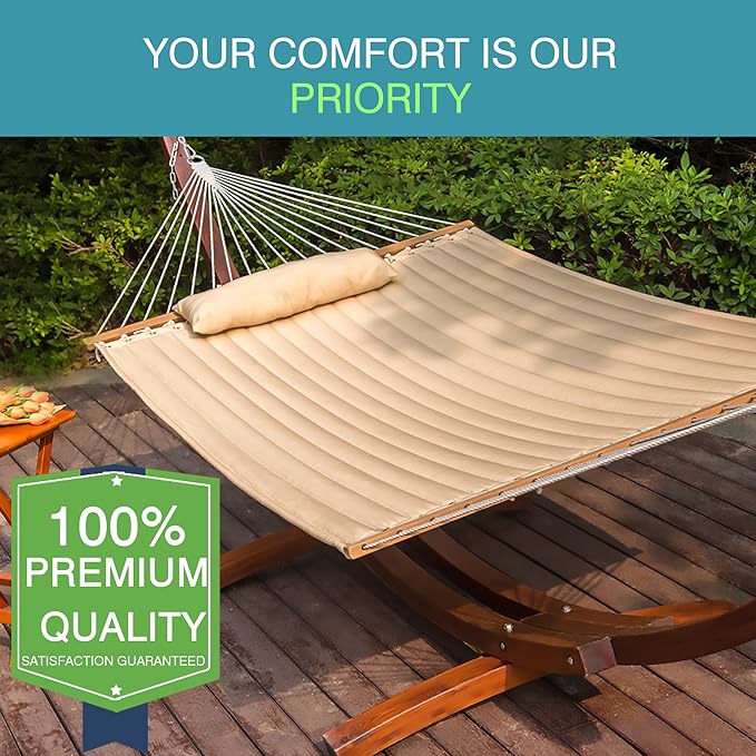 Lazy Daze Hammocks 12FT Quilted Fabric Double Hammock with Spreader Bars and Detachable Pillow, 2 Person Hammock for Outdoor Outside Patio Garden Yard Pool Beach (Linen)