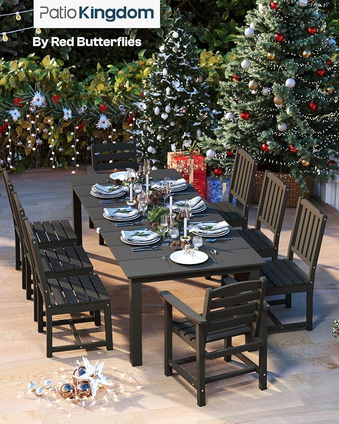 9-Piece HDPE Patio Dining Set for 8, 75.2" Table,Black | HDPE material, umbrella hole design, weather-resistant patio furniture, perfect for yard, lawn, garden, balcony, deck