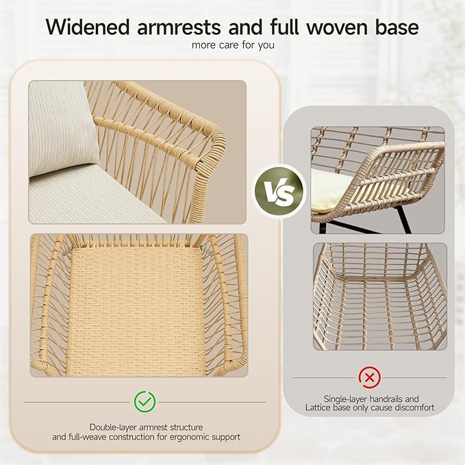 ONBRILL 4-Piece Patio Wicker Loveseat Sets, Boho Patio Furniture Set, Galvanized Iron Frame, Thickened Weather-Resistant Olefin Cushions, Tempered Glass Top, UV-Proof, Beige