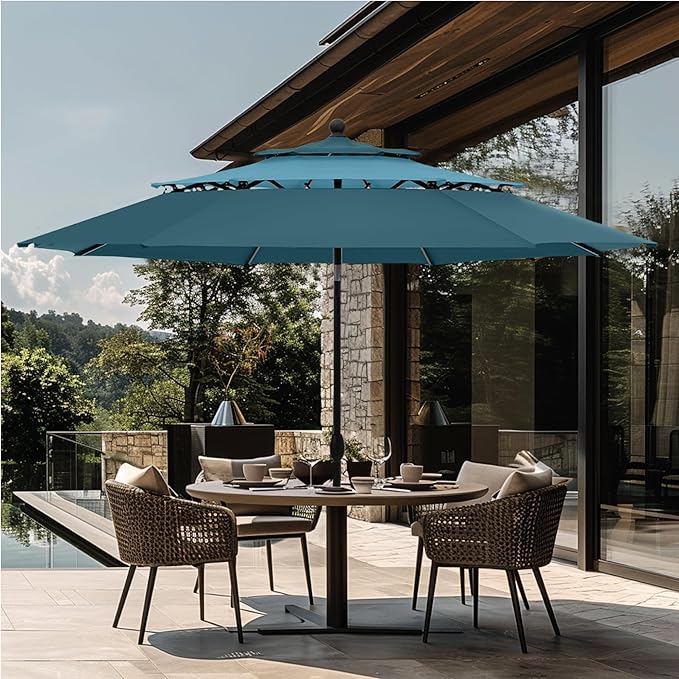 GREEN PARTY 10ft Outdoor Patio Umbrella, [Auto-Tilting] 3 Tiers Market Table Umbrellas with 1.5" Pole, 8 Sturdy Ribs, 3-Year-Non-Fading for Garden Deck Pool Backyard, Blue & Cerulean