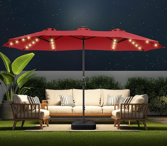 HOMSHADE Double Sided Patio Umbrellas - 15ft Solar Lights LED Lighted Outdoor Extra Large Market Table Umbrella with Base Included, Oversized Umbrella for Deck, Pool, Backyard