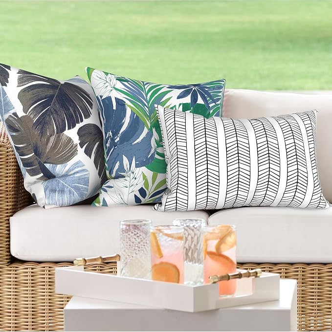 DYTXIII Pack of 2 Outdoor Waterproof Lumbar Pillow Covers ONLY, 12x20 Rectangle Decorative Double Printed Pillow Cases for Patio Couch Porch Furniture - Herringbone Black White