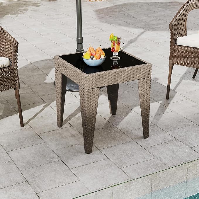 Outdoor Small Patio Table - PE Rattan Coffee Table, Wicker Side Table for Patio, Balcony & Porch, Durable & Iron Frame (2, Rattan Sesame)