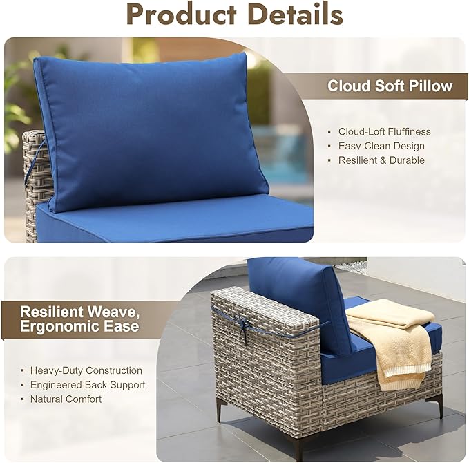 8 Pieces Outdoor Sectional Patio Furniture Set with Swivel Rocking Chairs,Conversation Sets Rattan Wicker L Shaped Couch,Modular Outdoor Sofa for Porch Balcony Backyard Navy Blue