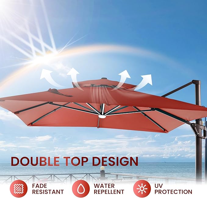 10 X 13 FT Cantilever Patio Umbrella with Led Lights and Base Included Outdoor Heavy Duty Double Top Rectangle Offset Umbrellas with 360-degree Rotation for Pool Deck Backyard, Wine Red