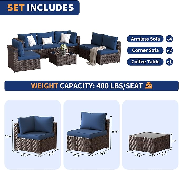 Patio Furniture Set, 7 Piece Outdoor Sectional with Waterproof Cover, All-Weather Wicker Patio Conversation Sets for Backyard (Brown with Navy Cushion)