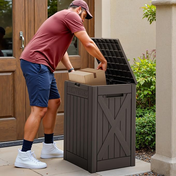 Devoko 48 Gallon Package Delivery Box Outdoor Secure Lockable, Waterproof Deck Box PP Material Storage Container for Porch, Deck (Deep Brown, 48 Gallon)