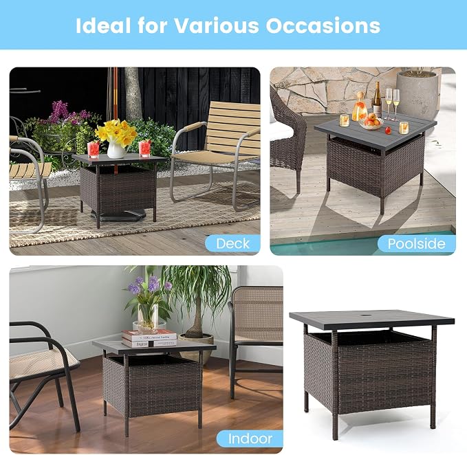 LDAILY Patio Table Umbrella, Outdoor Table with Umbrella Hole, Rattan Patio Side Table with Steel Umbrella Hole, HDPE Desktop & Metal Frame for Deck Garden Poolside Backyard Balcony, Mix Brown