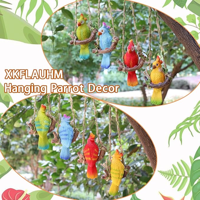 Hanging Parrot Garden Statue Decor Outdoor Hanging Animals Sculpture Decorations Tropical Swing Bird Figurine for Patio Tree Plant Lawn Yard Porch Balconies (Red)