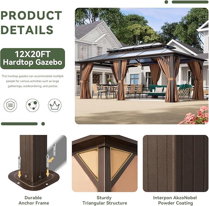 Aoxun 12'x20' Hardtop Gazebo, Outdoor Metal Gazebo with Double Polycarbonate Roof Canopy, Permanent Pavilion with Netting and Curtains for Lawn, Garden, Patio (Khaki)