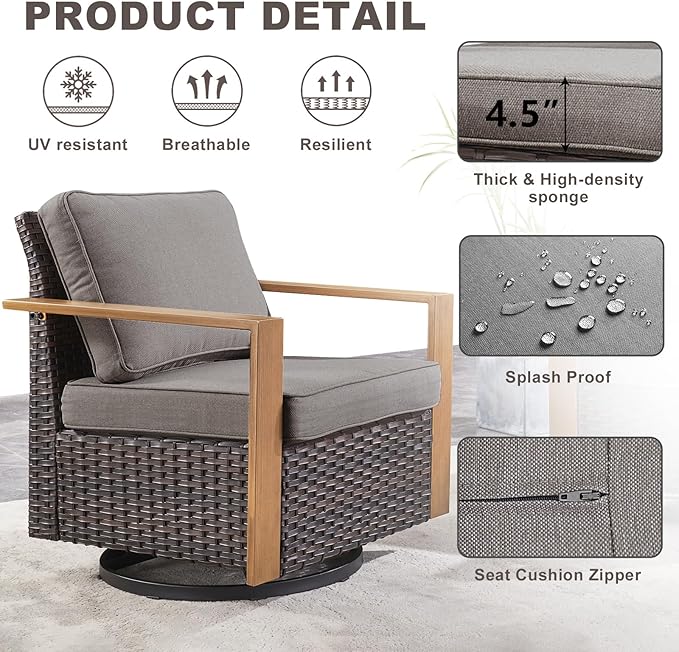 Outdoor Patio Swivel Rocker Chairs - 3 Piece Wicker Patio Furniture Bistro Set with 2 Swivel Rocking Chairs and 1 Metal Side Table,Thick Cushions,Deep Seating for Deck Porch Garden(Brown/Grey)
