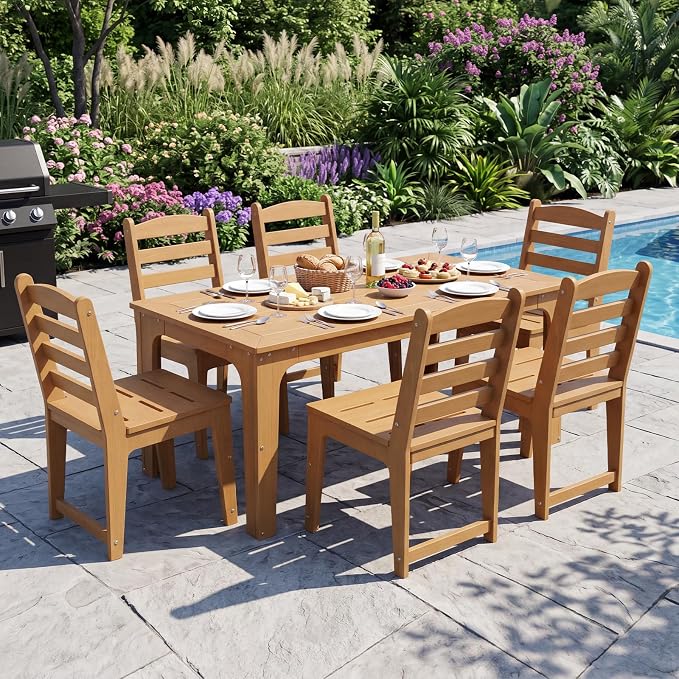 HDPE Outdoor Patio Dining Chair All Weatherproof Set of 2, Teak Color | Slatted Back Dining Armless Chair, Weatherproof Outdoor Side Chair Patio Furniture for Poolside Garden Backyard Deck Indoor