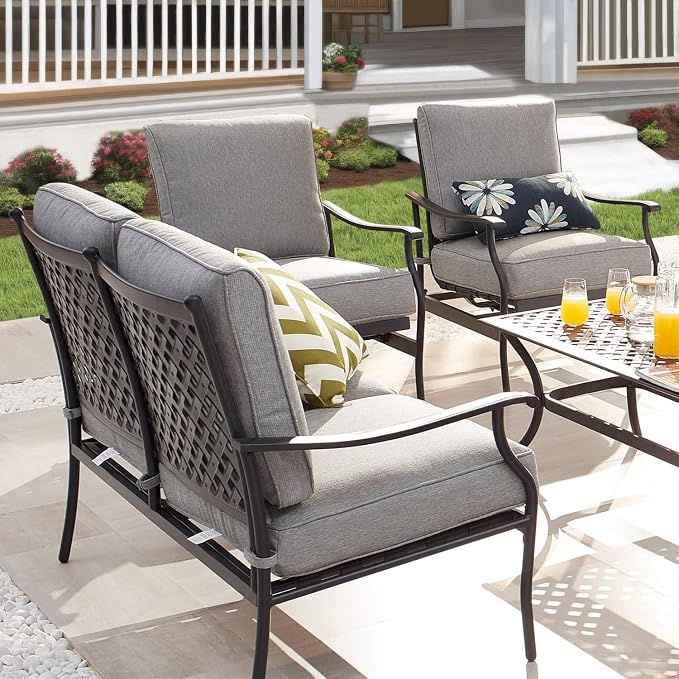 Patio Conversation Set 4 Pieces Cushioned Outdoor Furniture Sets with All Weather Frame Grey Cushion for Porch Backyard Lawn